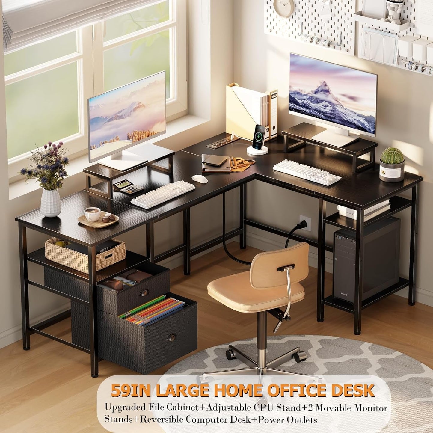 Fifty Nine Inch L Shaped Desk With Black Storage Drawers Unit in a home office setup with dual workstations and monitor stands.