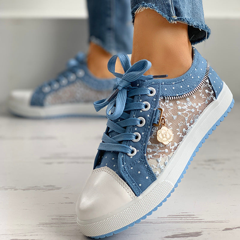 Floral Embroidered Polka Dot Print Sneakers — Women’s Casual Canvas Shoes