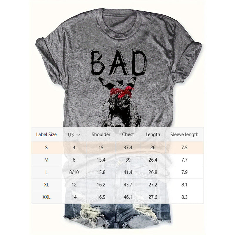 Women's Animal Letter Print Casual Short Sleeve T-Shirt with sizing chart and playful dog design, perfect for summer outfits.