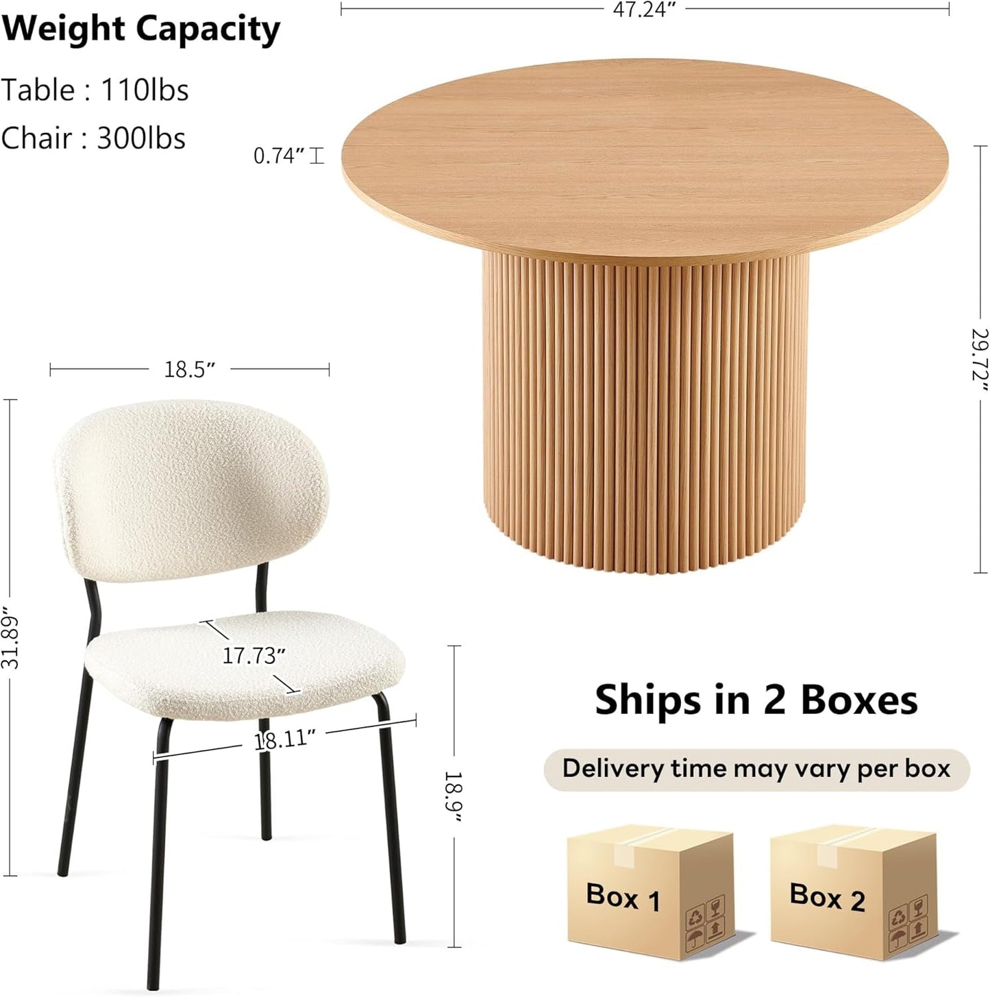 47 Inch Round Dining Table Set Beige Oak Boucle Padded Seating with dimensional details and shipping information