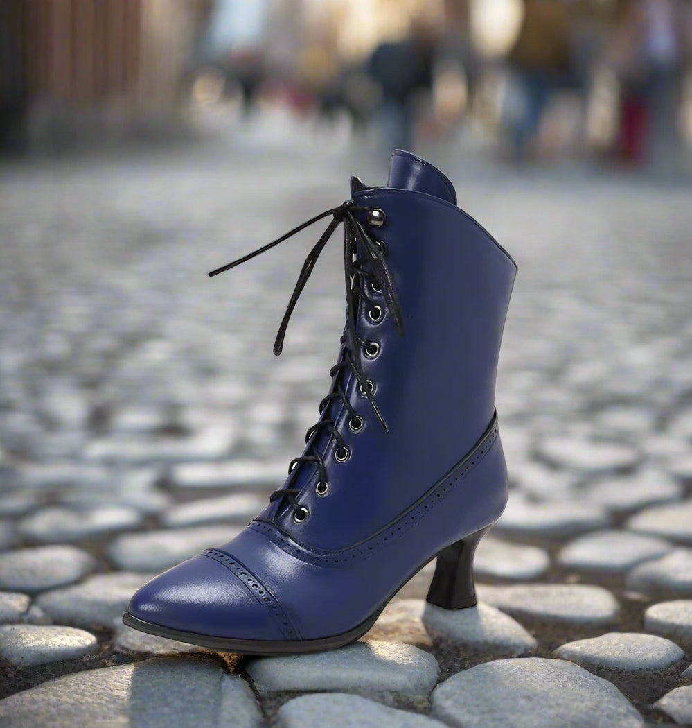 Women's High Heel Martin Boots – British Style Motorcycle Fashion in blue with lace-up design on cobblestone street