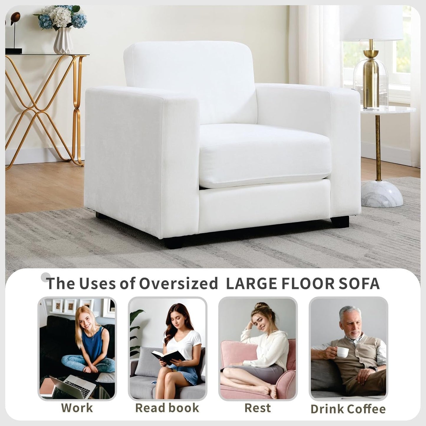 39 Inch Oversized Chenille Upholstered Accent Chair in modern living room setting with multiple uses: work, read, rest, and drink coffee.