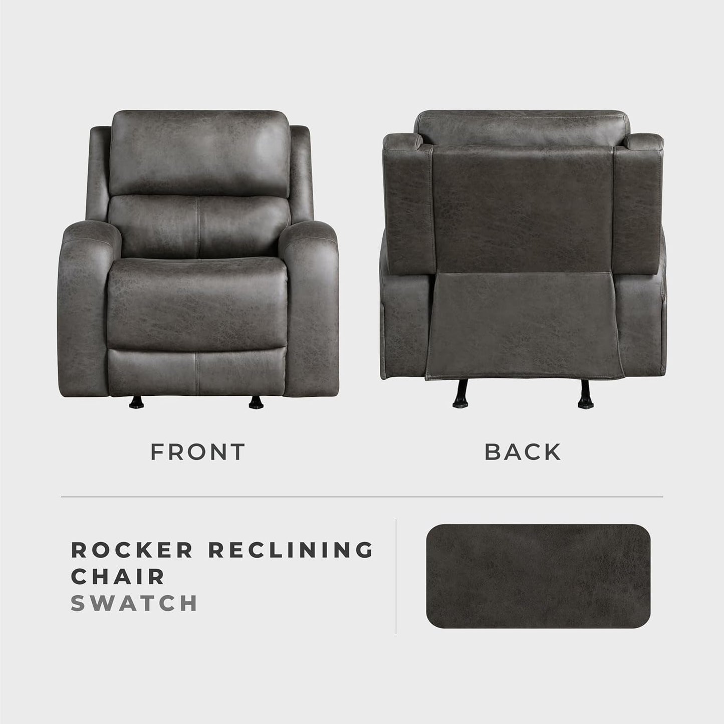 Front and back view of Grey Rocker Recliner Chair With Manual Recline Living Room and fabric swatch
