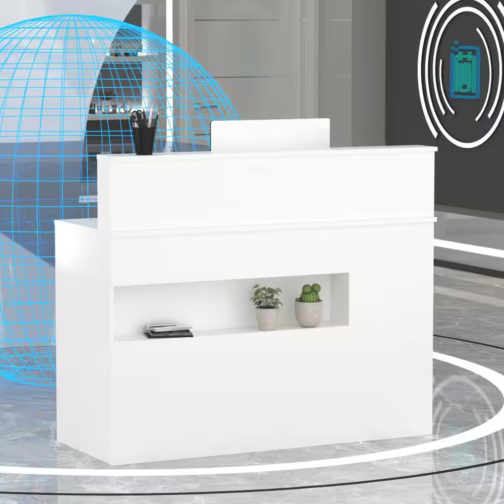 Sleek modern reception desk with white finish in an office setting.