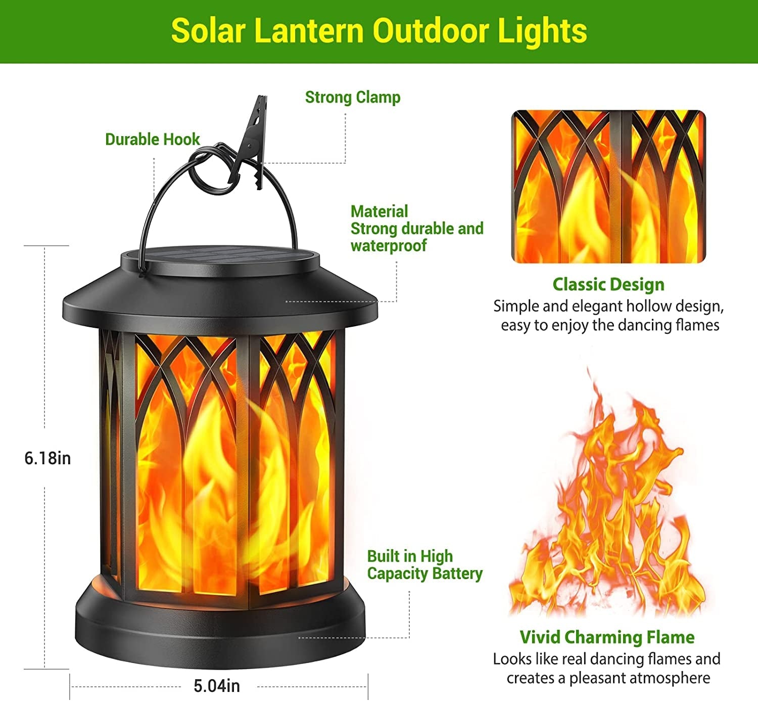KOOPER Solar Lanterns – Vivid Dancing Flame Outdoor Lights for Garden & Patio, features classic design and charming flame effect