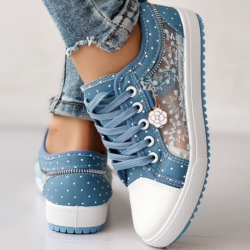 Floral Embroidered Polka Dot Print Sneakers — Women’s Casual Canvas Shoes