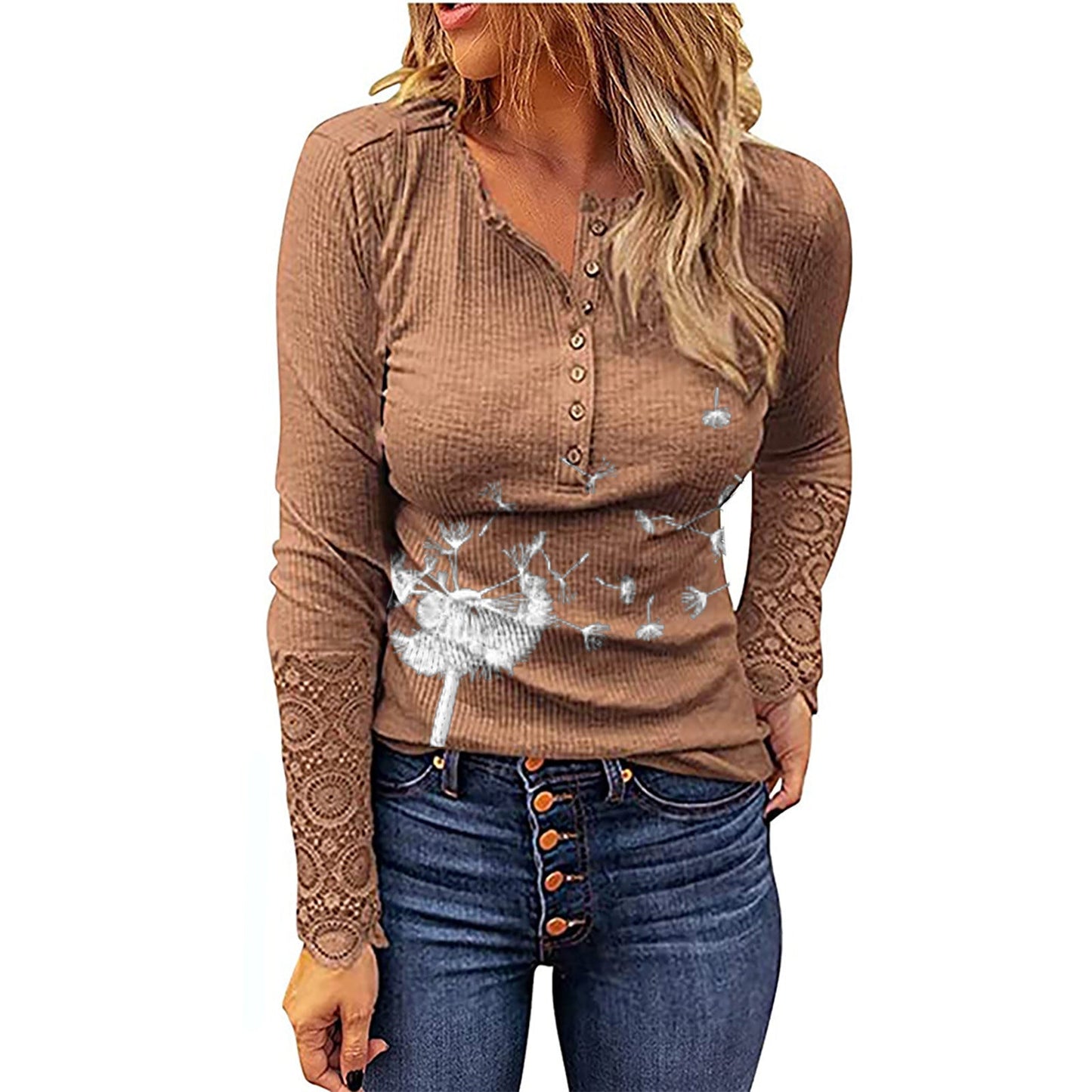Woman wearing Desert Sunset Cowgirl Knit Top with geometric patterns and button details