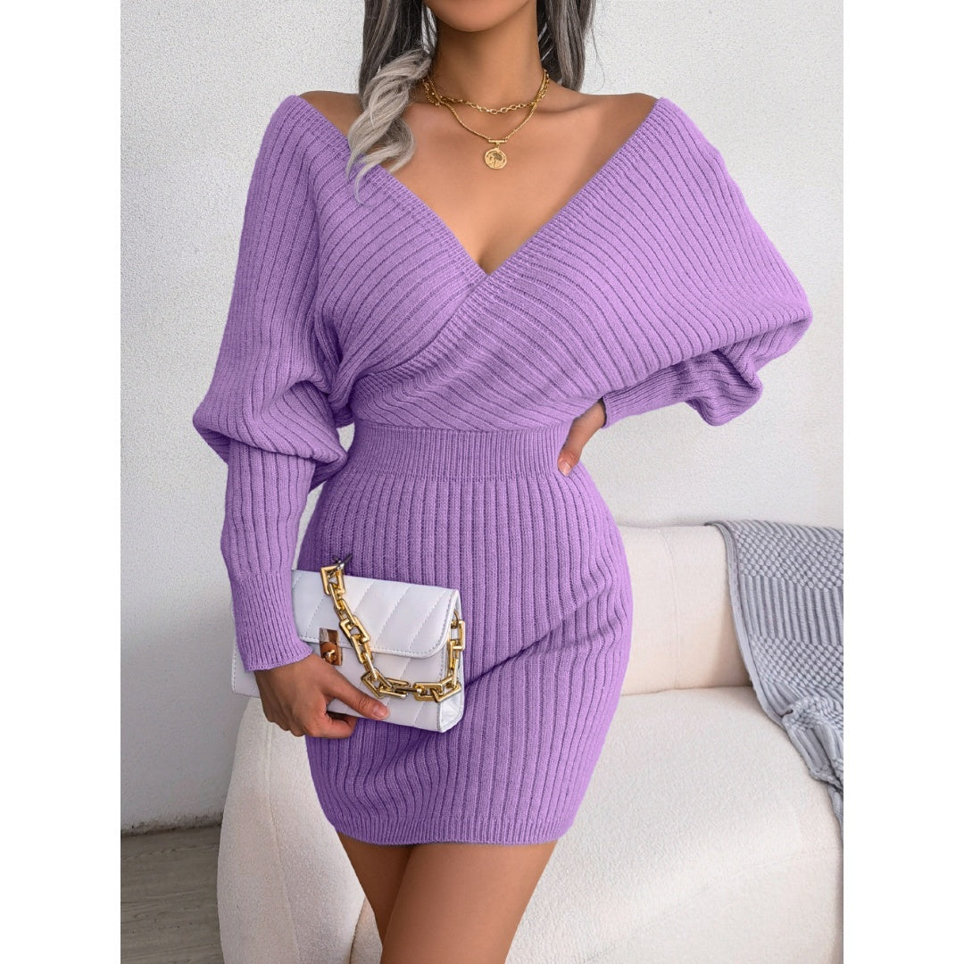 Cross V-Neck Bat-Sleeve Hairy Dress – Autumn/Winter