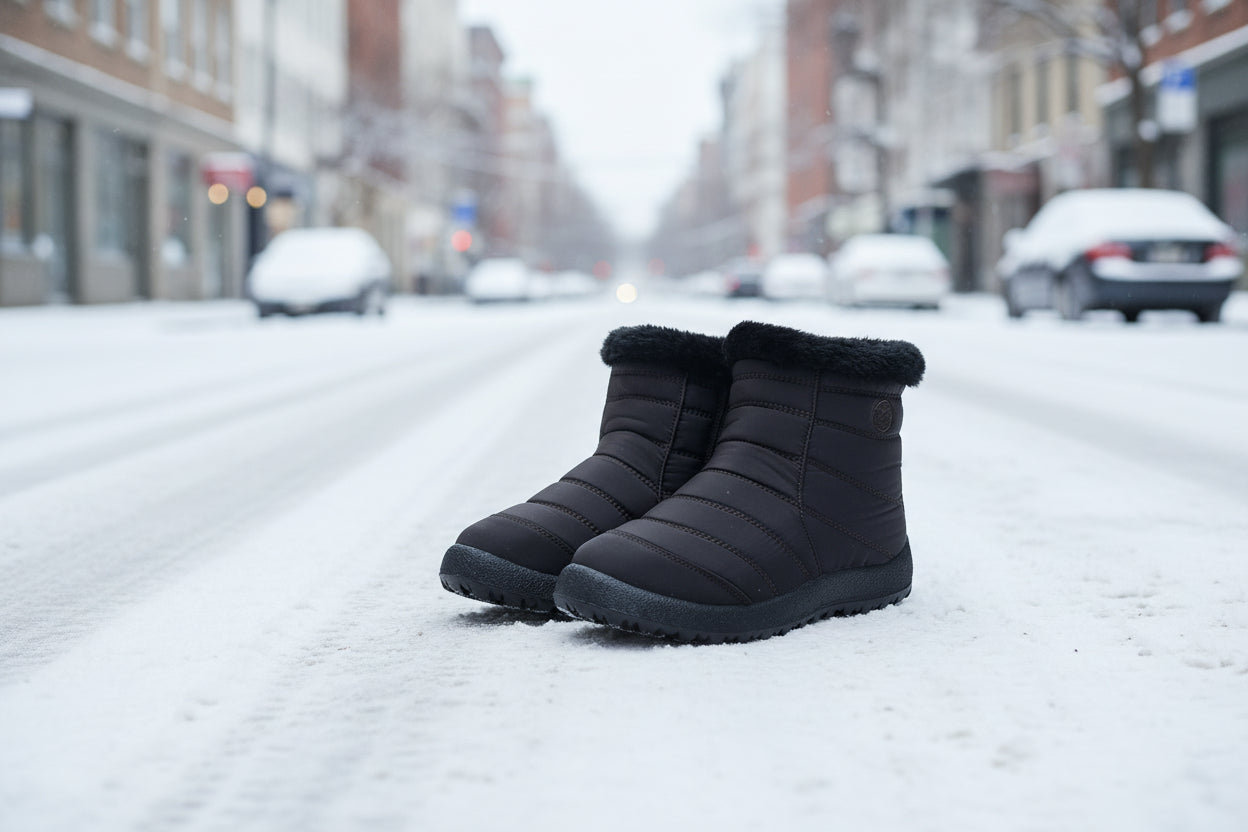 Women’s Thickened Cotton Snow Boots – Waterproof Warm Winter Boots on snowy city street