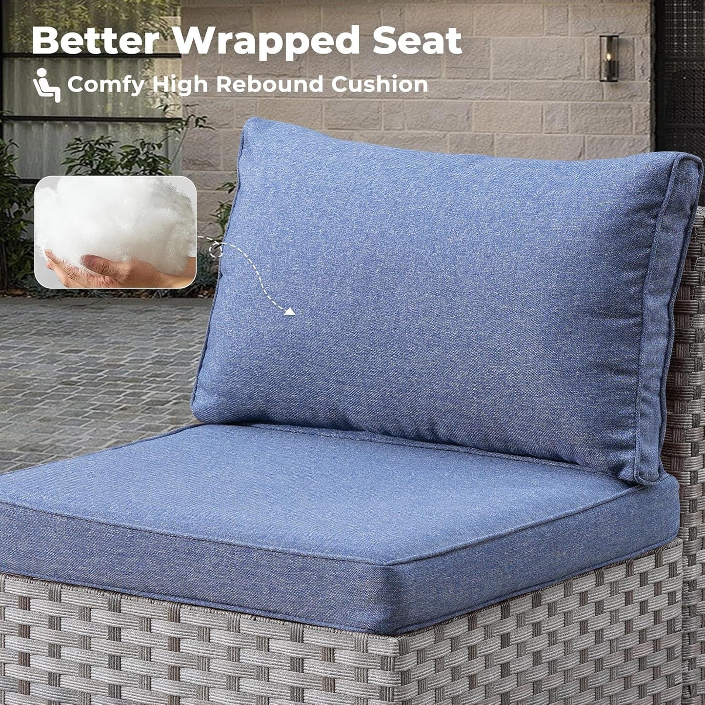 Close-up of a blue cushion on a seat from Modular Outdoor Wicker Sofa Set with Fire Pit Table highlighting high rebound foam.