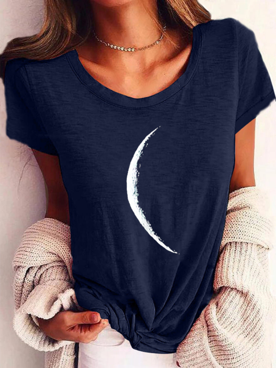 Wide Collar Printed T-Shirt – Casual Short Sleeve Top for Women with moon design in navy and white, perfect for stylish comfort.