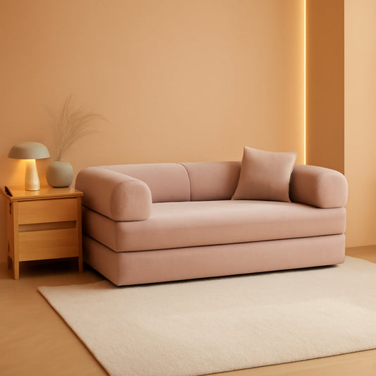 Transformable Sofa Bed QueenSize Pink Folding Frame in modern living room, offering versatile and stylish seating and sleeping options.