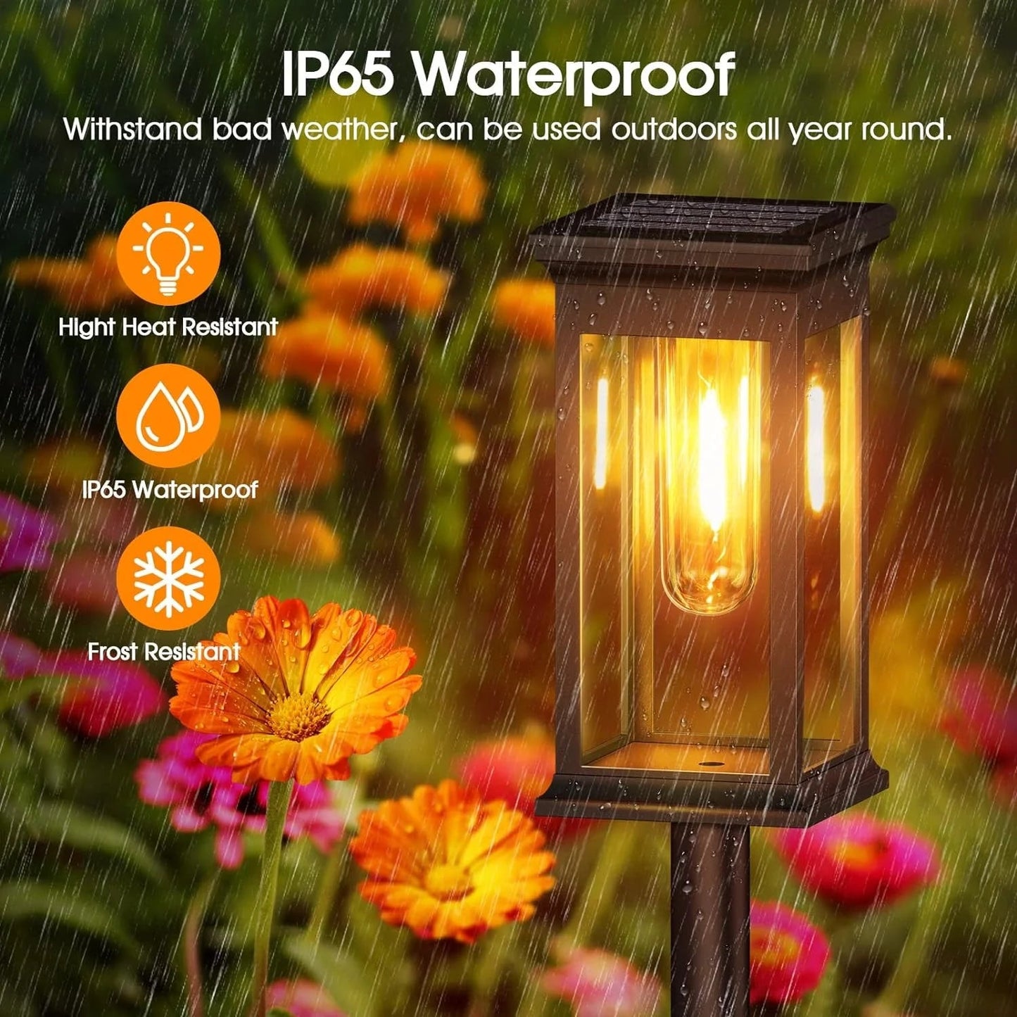 ☀️ Kidsjoy Solar Pathway Lights – 6 Pack, IP65 waterproof, illuminating garden flowers in rain with warm LED glow, high heat resistant.