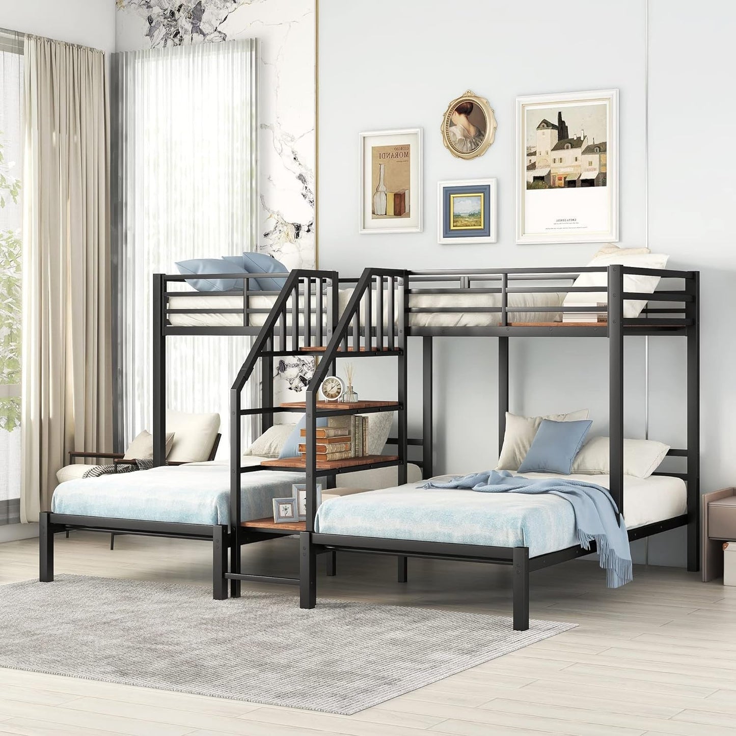 Metal Triple Bunk Bed With Stairs Black Three Beds in modern bedroom setting, featuring twin-size upper and lower bunks for maximizing space.