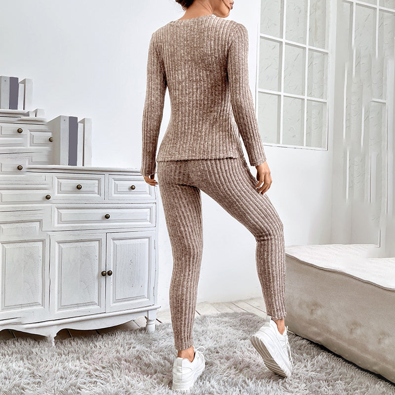Women’s Ribbed Knit Long‑Sleeve Tee & Pants Lounge Set