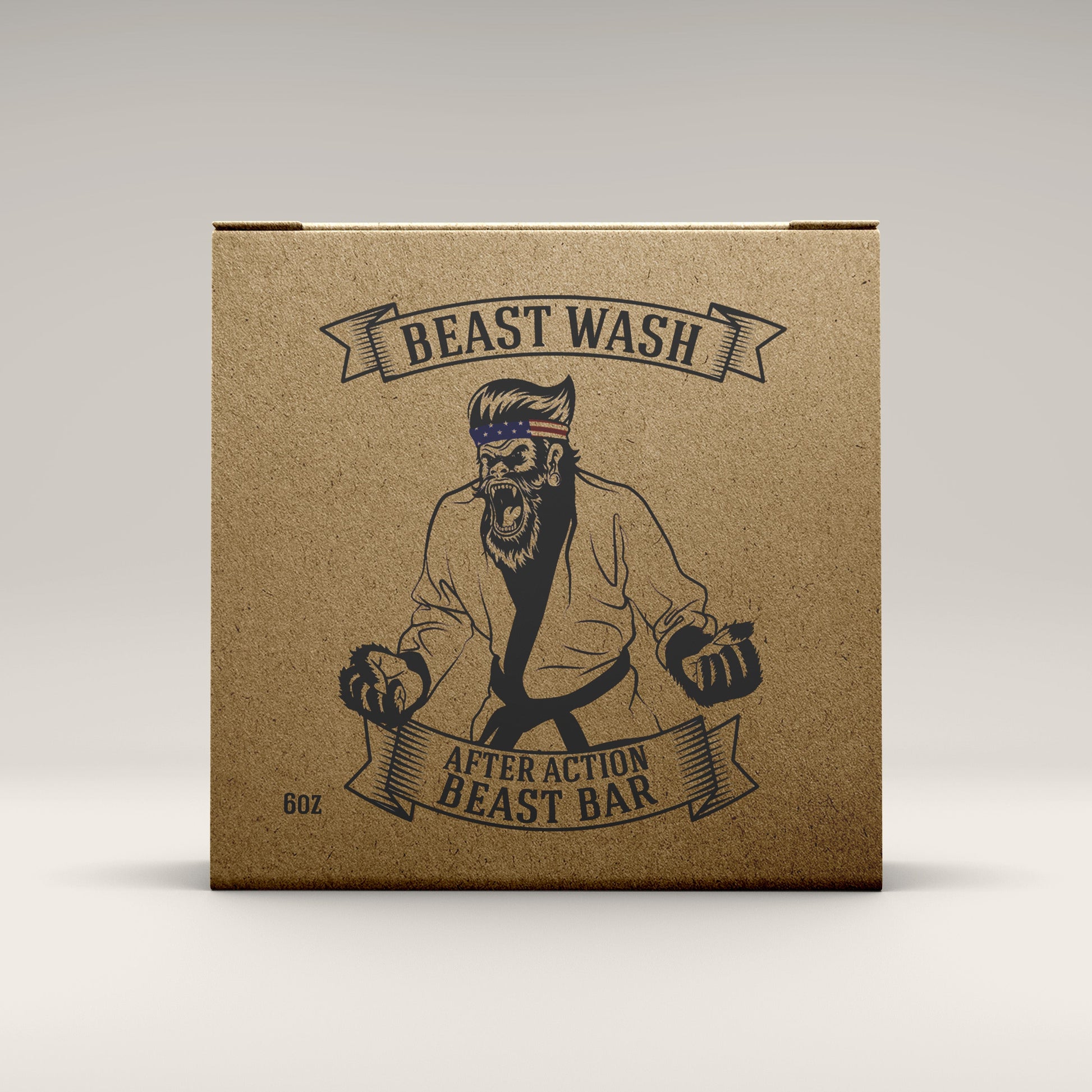After Action Beast Bar packaging with martial arts bear illustration and product details on cardboard box.