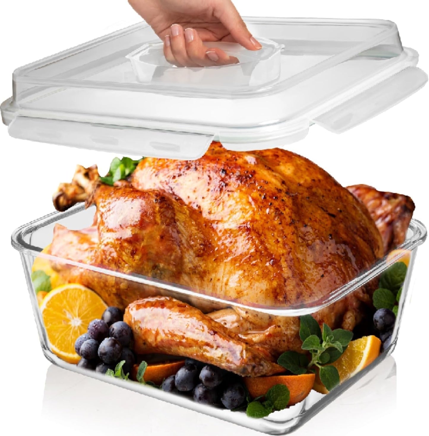 6500 ML / 220 Oz / 28 Cup LARGE Glass Food Storage Container with Airtight Locking Lid featuring roasted turkey