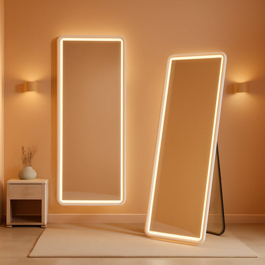 64 Inch Full Length Mirror With LED Lights Aluminum Frame 3 Color Temperatures in bedroom setting