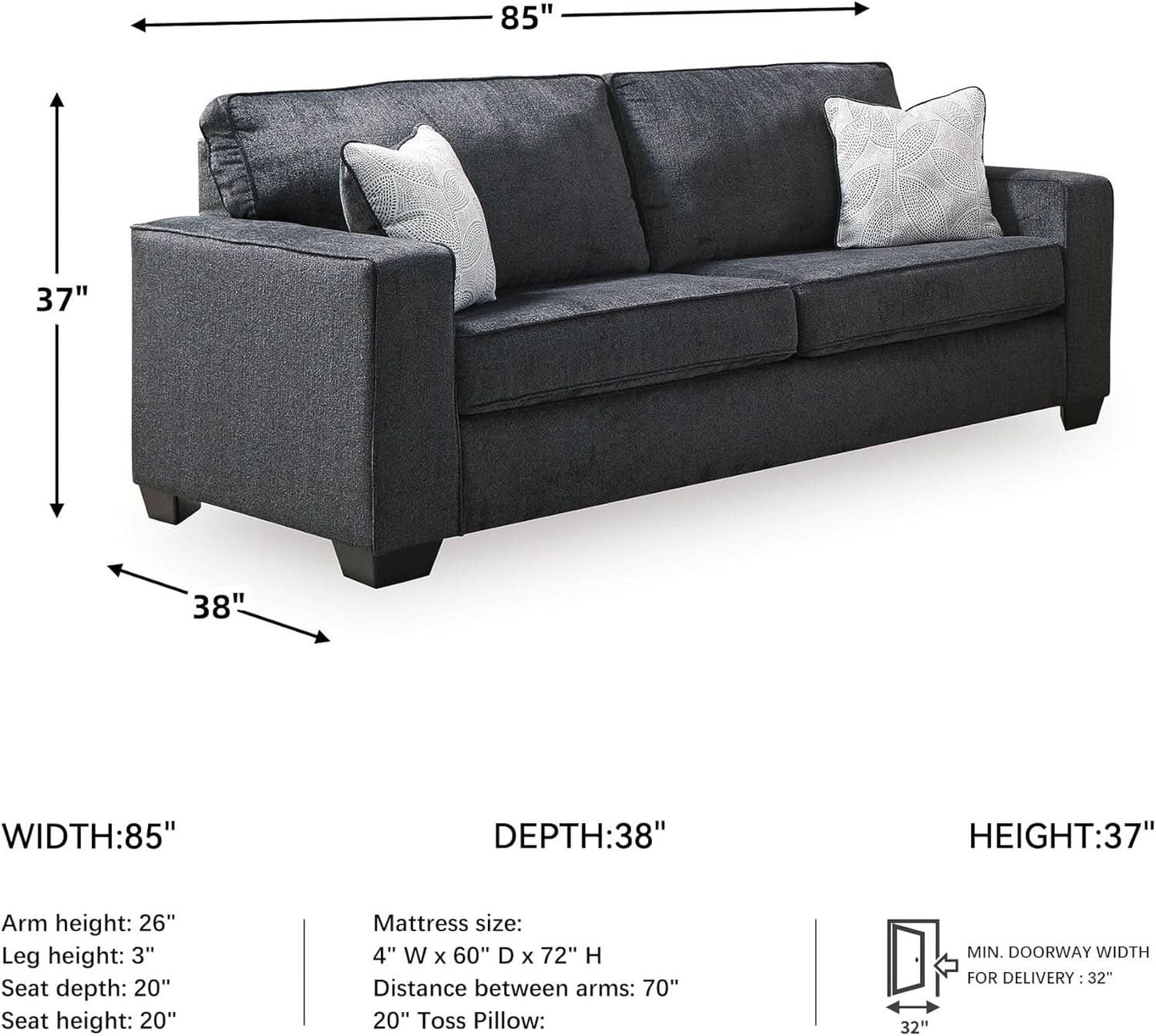 Queen Sleeper Sofa Dark Gray Upholstered ChenilleWeave