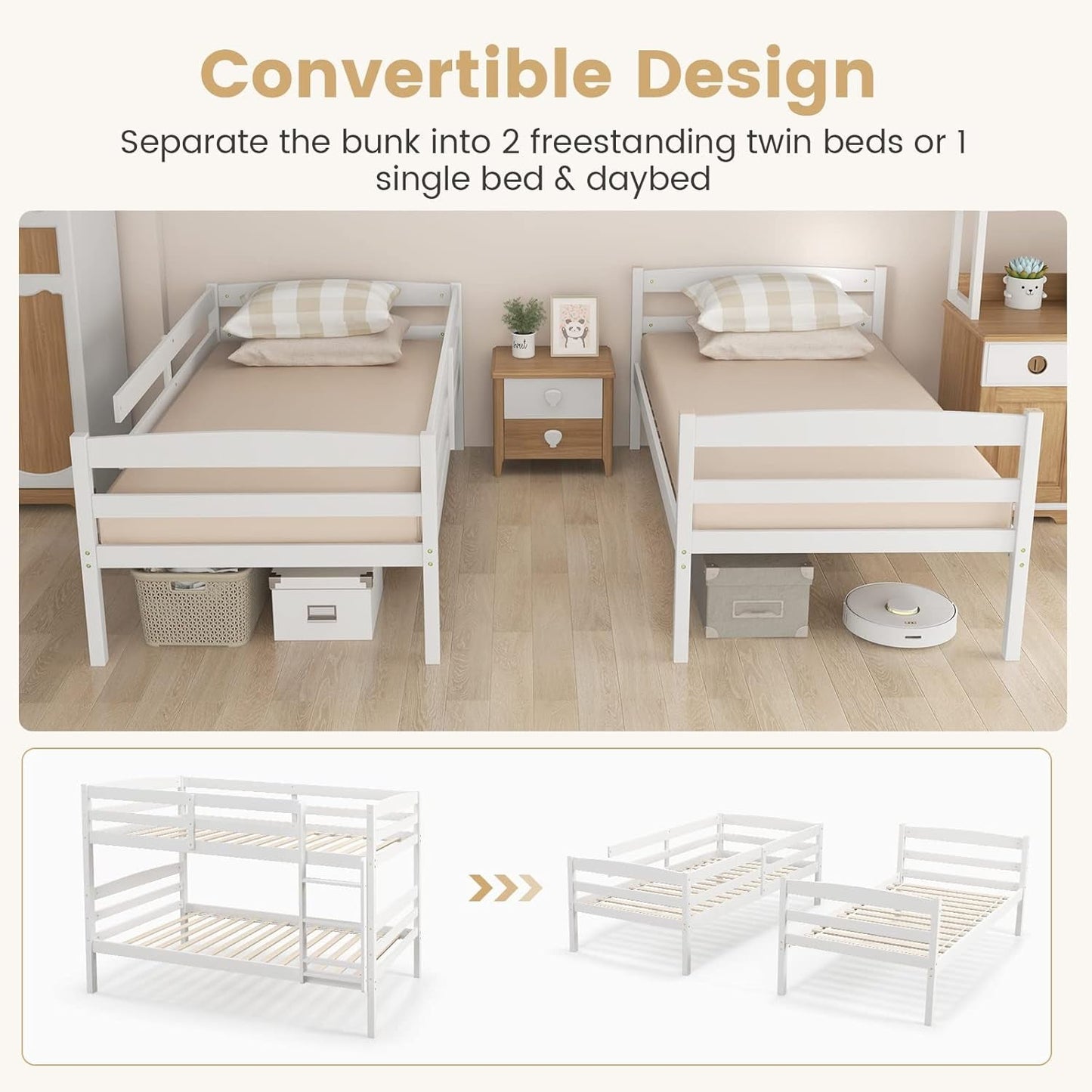 White Twin Over Twin Bunk Bed With Integrated Ladder, convertible design shown as two freestanding twin beds, space-saving solution