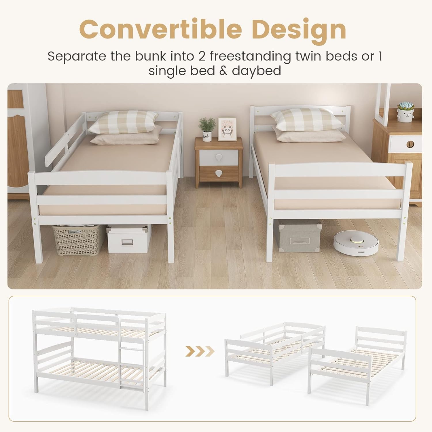 White Twin Over Twin Bunk Bed With Integrated Ladder, convertible design shown as two freestanding twin beds, space-saving solution