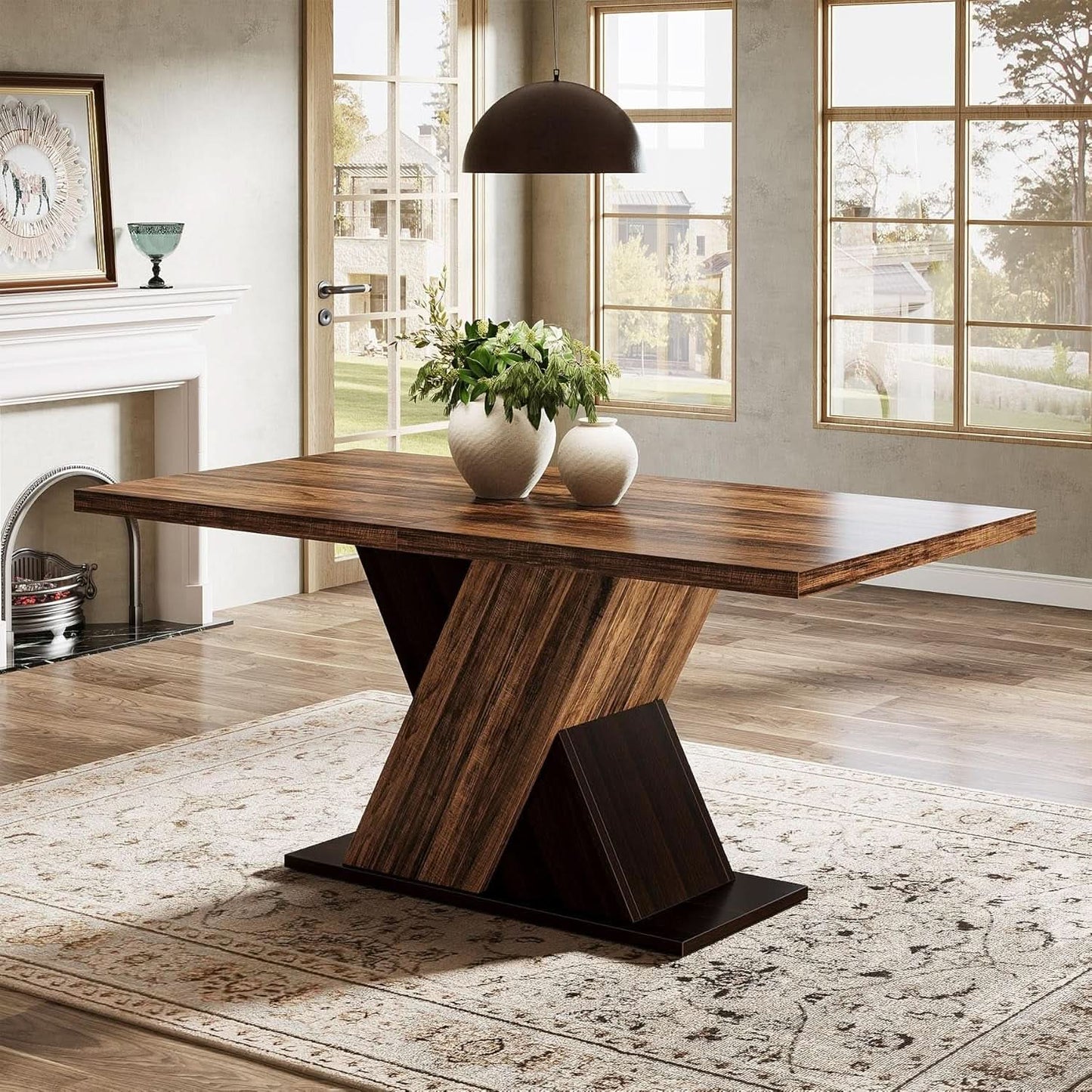 55 Inch Rustic Brown Farmhouse Dining Table For Four