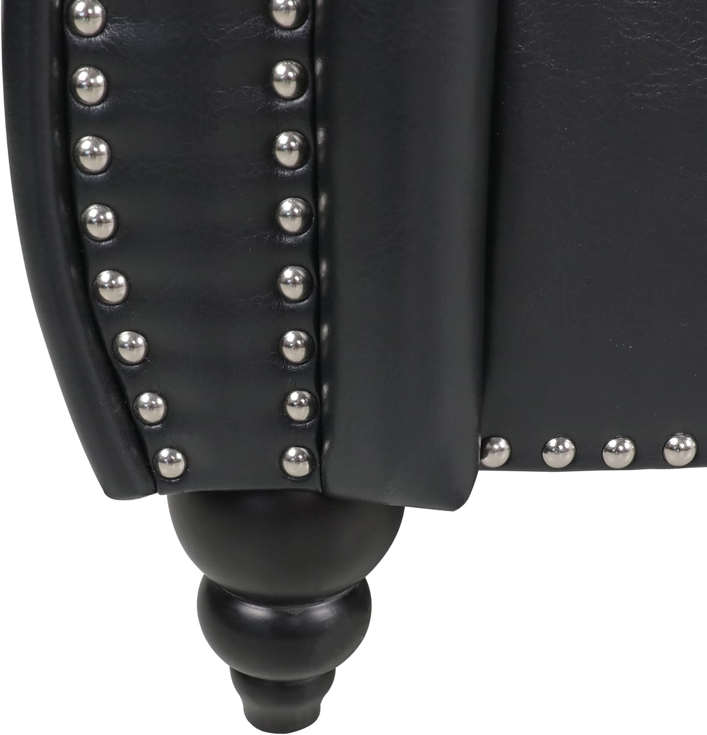 Close-up of studded leg on Modern Black Faux Leather Tufted Sofa and Chair Set showcasing detailed craftsmanship