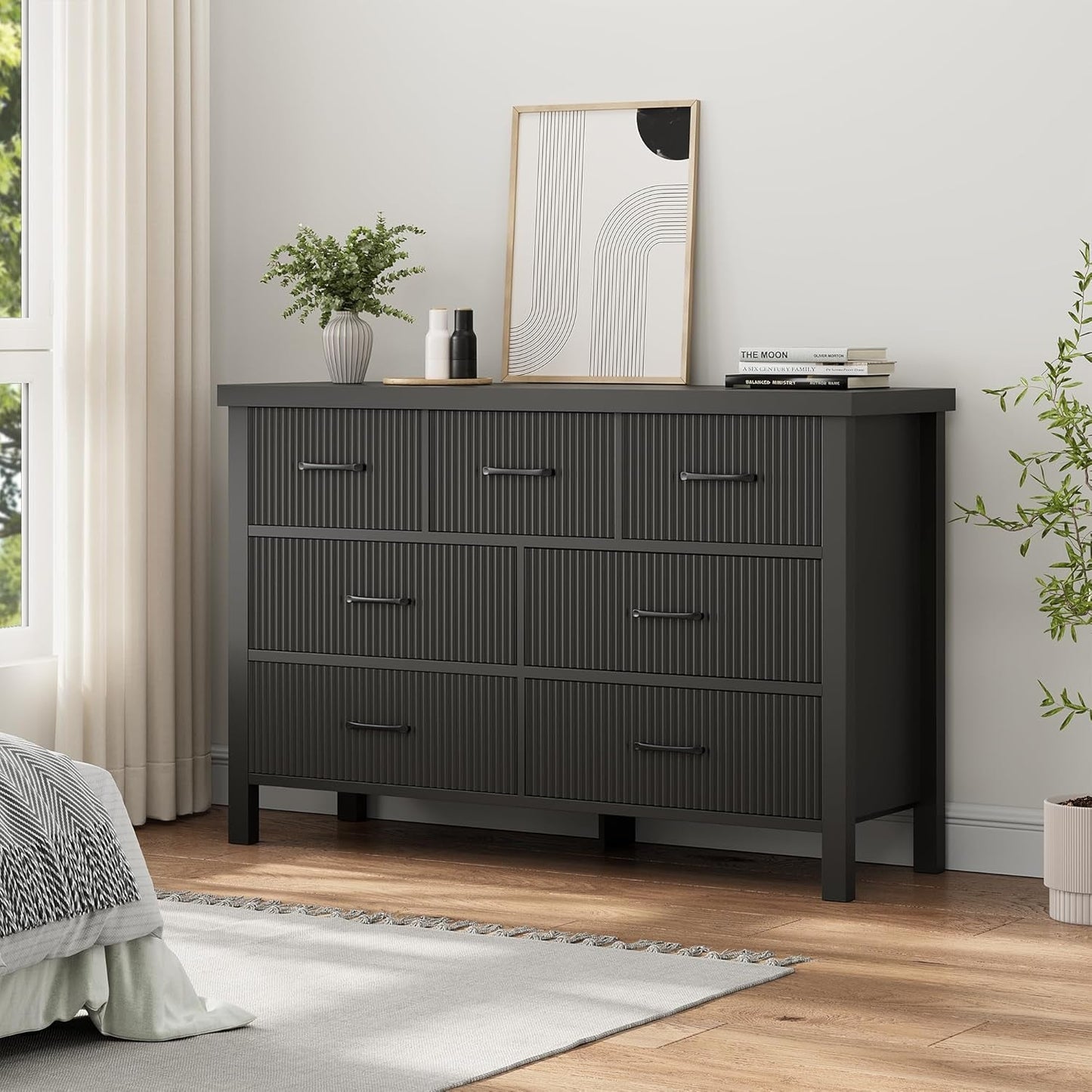 Fluted Contemporary Black Dresser with Sleek Handles in Modern Bedroom Setting