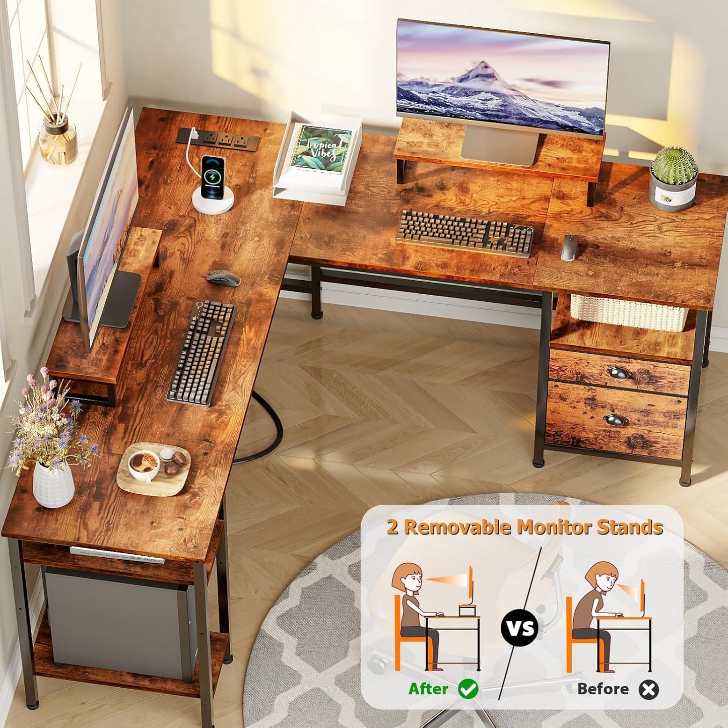 Fifty Nine Inch L Shaped Desk With Power Outlet And Storage Shelves featuring a wooden finish and ergonomic design with monitor stands.
