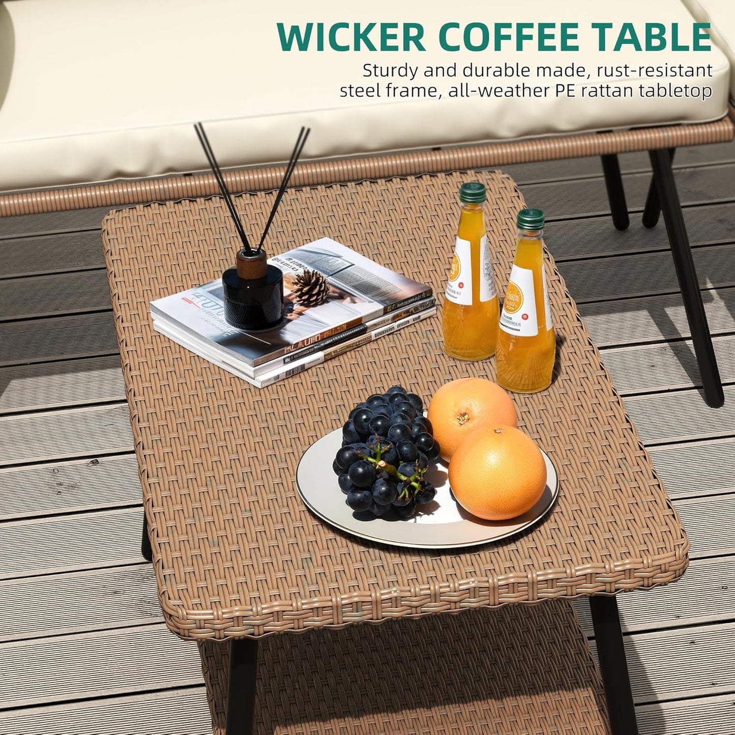 Close-up of a wicker coffee table with fruit and drinks, part of the L Shape Outdoor Couch Set with Thick Cushions.