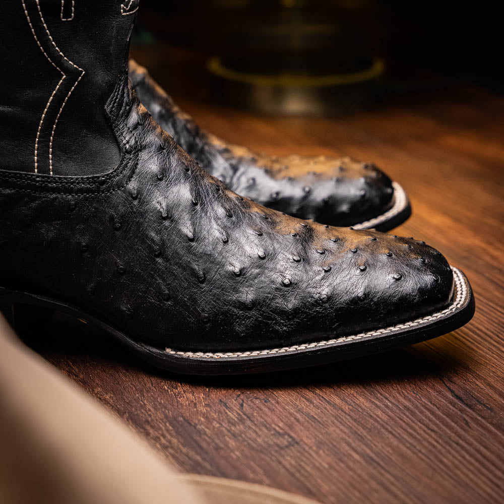 Alabama Black ostrich skin cowboy boots from the Western Collection, featuring full-quill ostrich skin and elegant design.