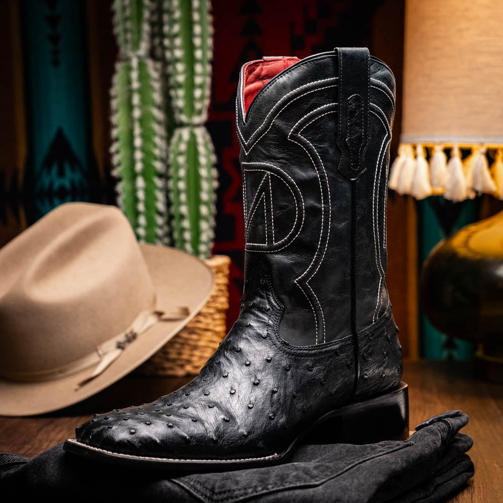 Alabama Black cowboy boot, genuine ostrich skin, handcrafted Western style, pre-order now.