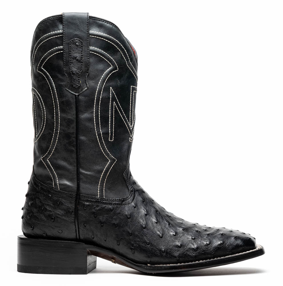 Alabama Black genuine ostrich skin cowboy boot with full-grain leather detailing, pre-order now.