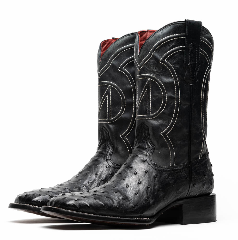 Alabama Black genuine ostrich skin cowboy boots, Western style, black with textured vamp and full-grain leather shaft, pre-order now.
