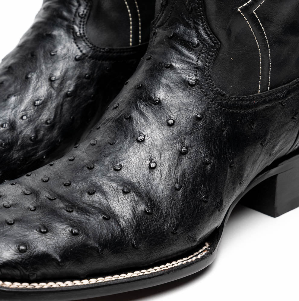 Alabama Black genuine ostrich skin cowboy boot with full-quill texture and square toe design, pre-order now.