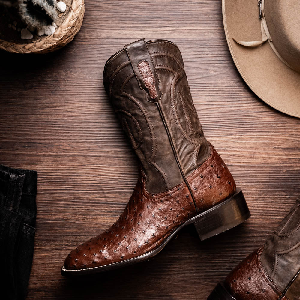 Alabama Kango Tabac genuine ostrich skin cowboy boot from Western Collection, featuring handcrafted full-quill vamp and rich leather shaft.