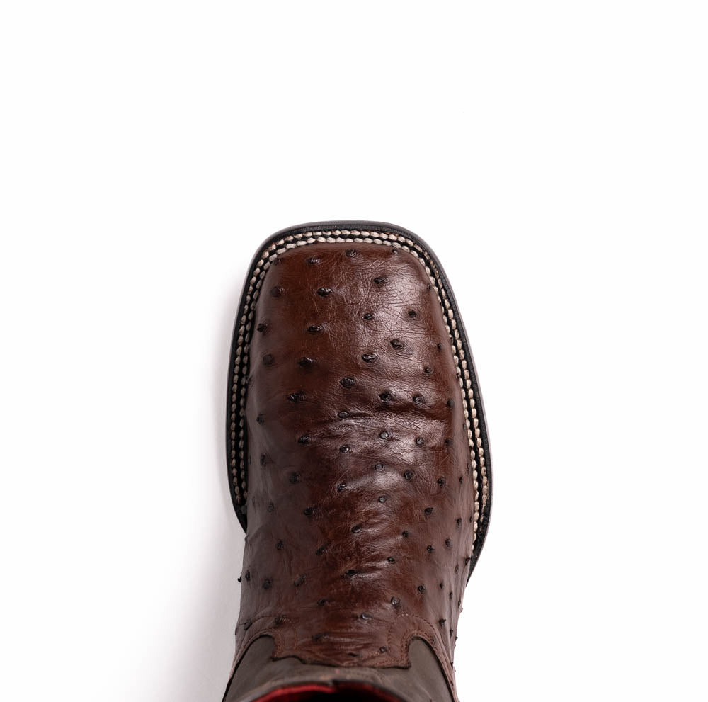 Close-up of Alabama Kango Tabac ostrich skin cowboy boot, showcasing craftsmanship and elegance from the Western Collection.
