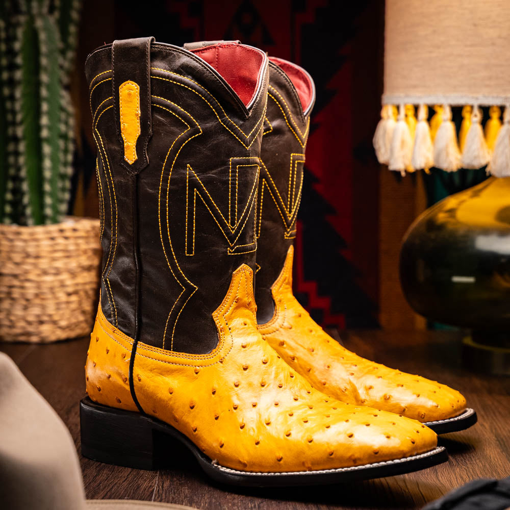Alabama Buttercup genuine ostrich skin cowboy boots, Western style, featuring full-quill texture and square toe, pre-order available.