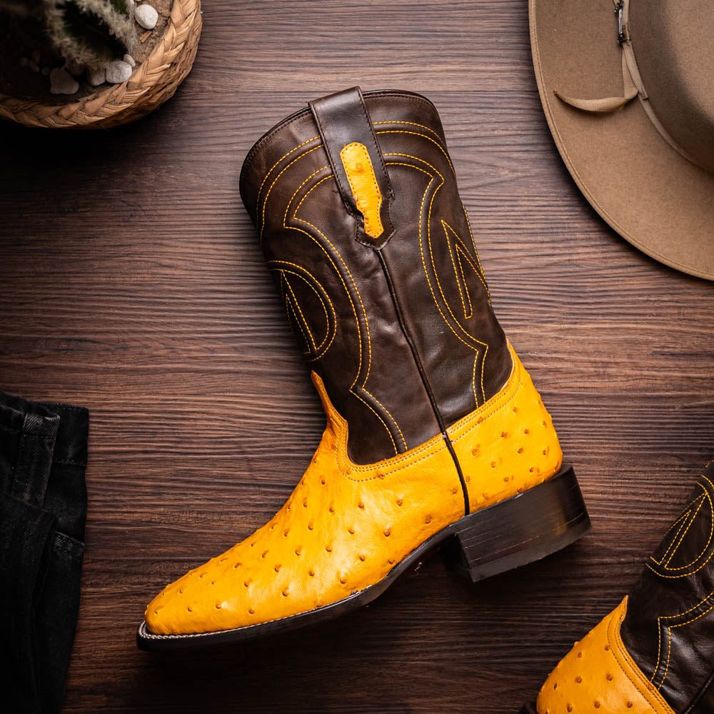 Alabama Buttercup genuine ostrich skin cowboy boot with full-quill design and brown leather shaft, perfect for Western style enthusiasts.