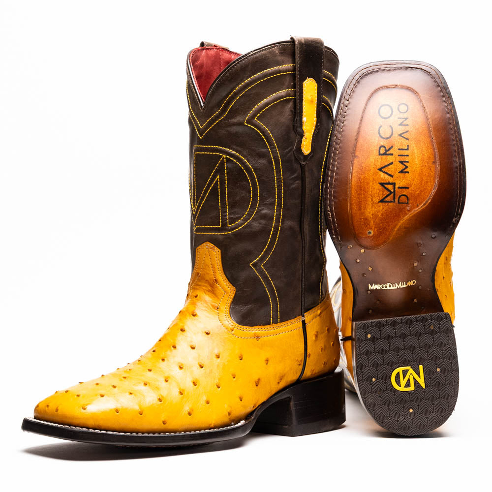 Alabama Buttercup genuine ostrich skin cowboy boot with full-grain leather shaft and signature square toe design.