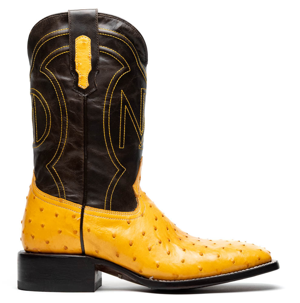 Alabama Buttercup genuine ostrich skin cowboy boot with full-grain leather shaft and signature square toe design.