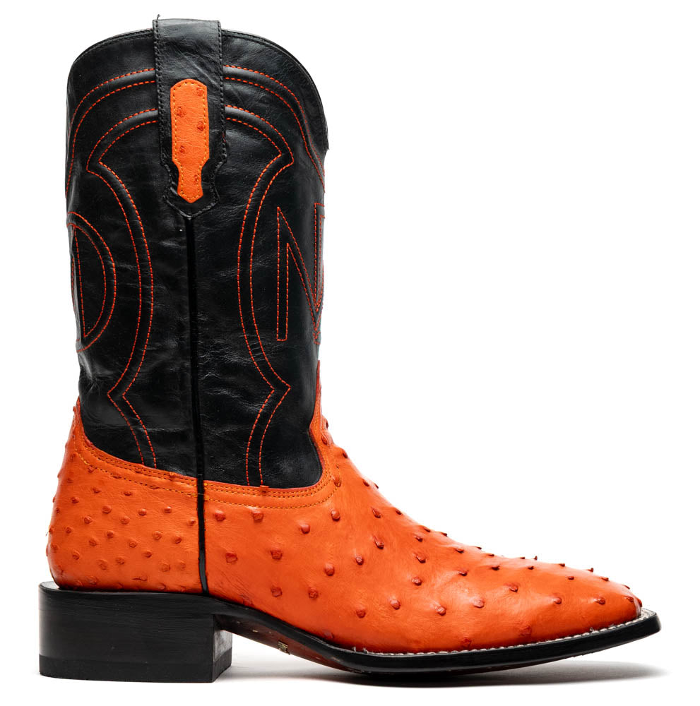 Alabama Orange genuine ostrich skin cowboy boot from the Western Collection featuring handcrafted design, side view.