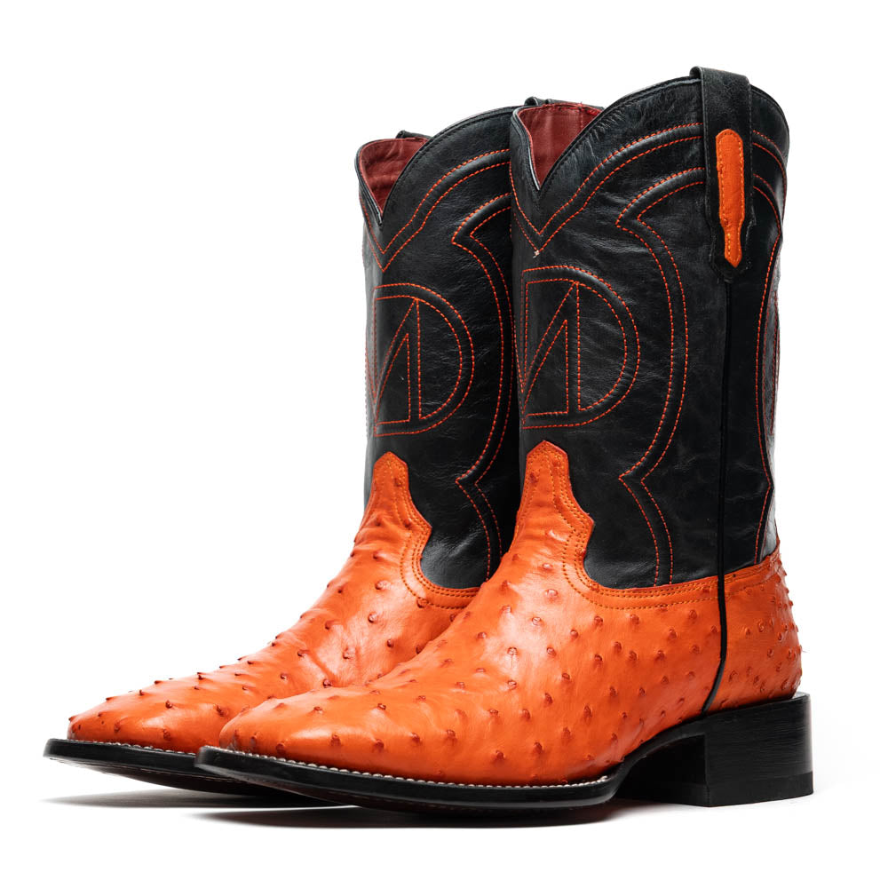 Alabama Orange cowboy boots handcrafted with genuine ostrich skin, showcasing luxury Western style and craftsmanship.