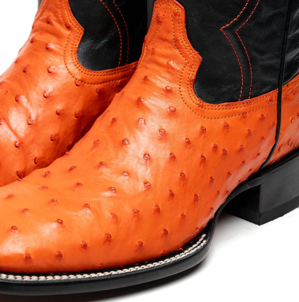 Alabama Orange ostrich skin cowboy boot from Western Collection, showing detailed craftsmanship and texture, pre-order now.