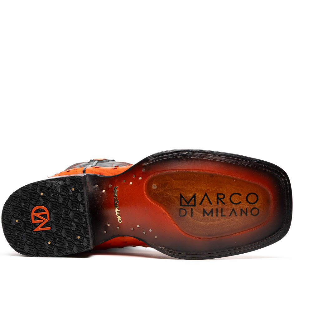 Alabama Orange boot sole with Marco di Milano logo, showcasing full-quill ostrich skin texture and craftsmanship detail.