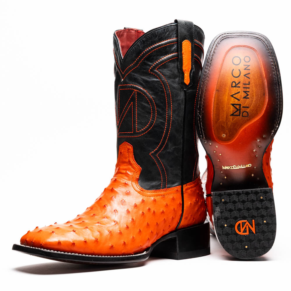 Alabama Orange genuine ostrich skin cowboy boots with square toe from Western Collection, featuring comfort, craftsmanship, and style.