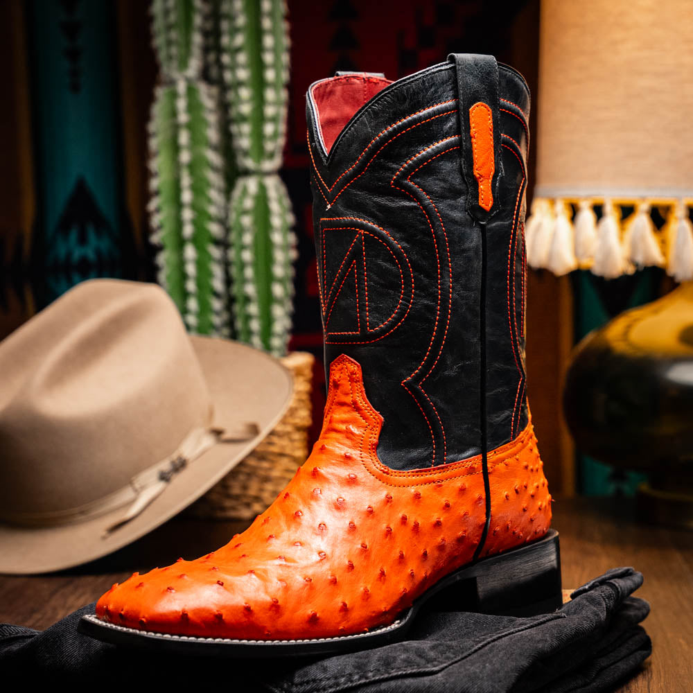 Alabama Orange genuine ostrich skin cowboy boot from the Western Collection, showcasing comfort and craftsmanship.