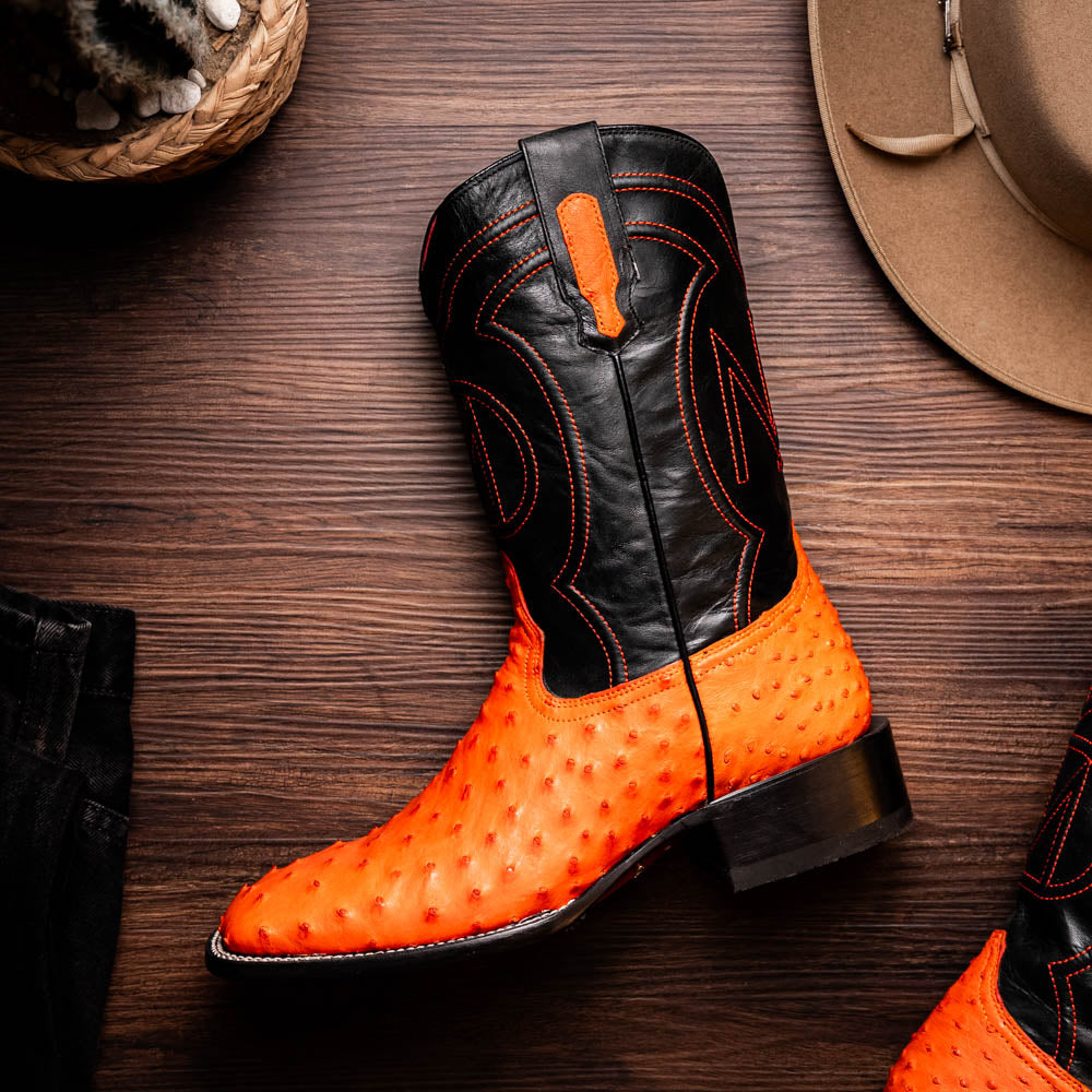 Alabama Orange - Genuine Ostrich Skin Cowboy Boot from Western Collection, handcrafted with full-quill ostrich leather.