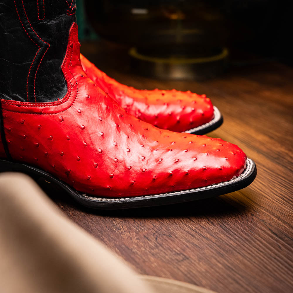 Alabama Red ostrich skin cowboy boots from Western Collection, featuring genuine full-quill leather, pre-order available.