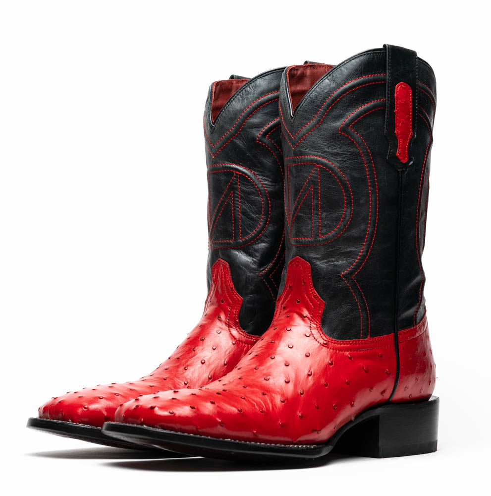 Alabama Red genuine ostrich skin cowboy boot from the Western Collection, showcasing vibrant colors and craftsmanship.